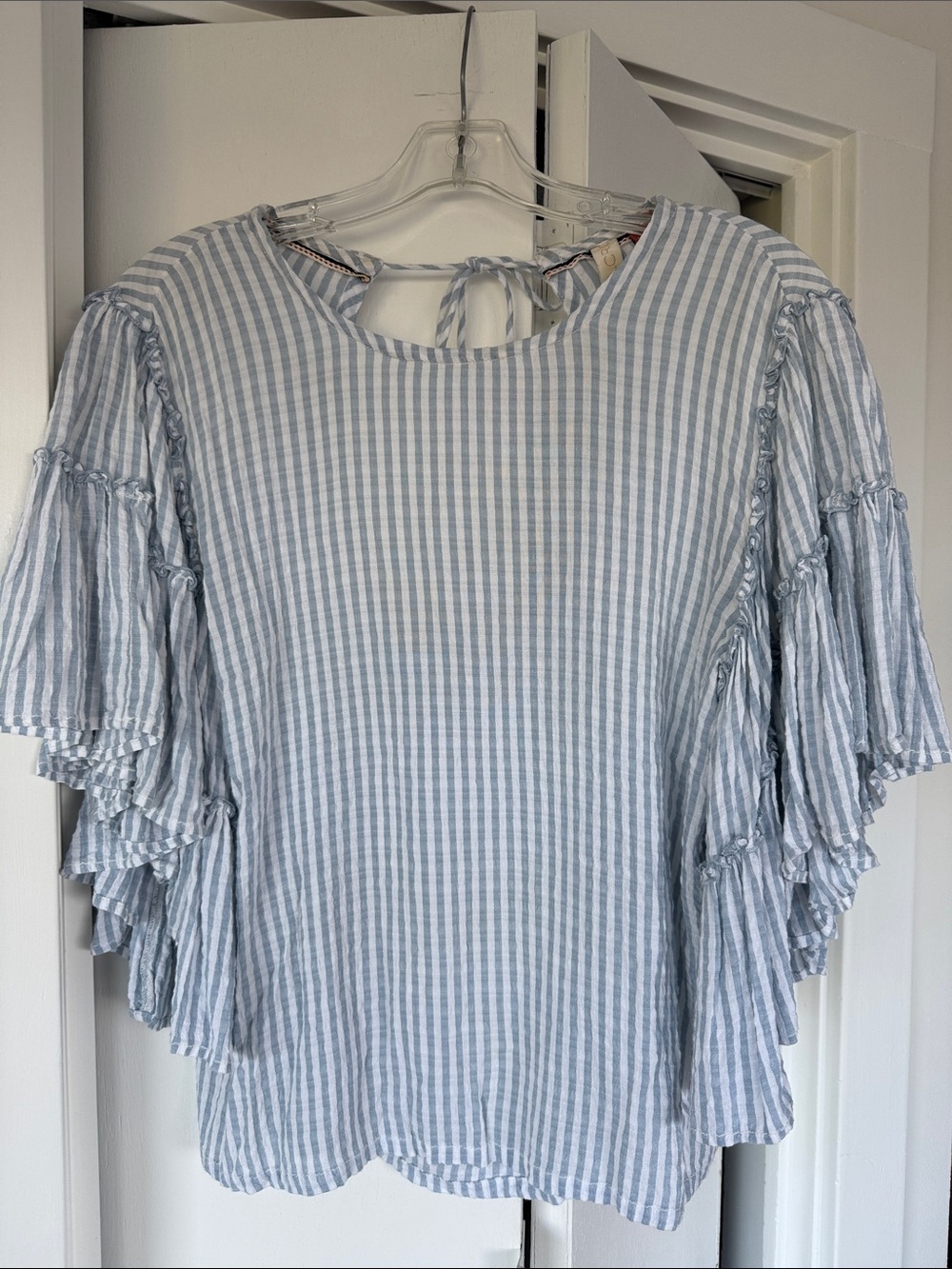 Pilcro Blue and White Striped Ruffle-Sleeve Blouse
